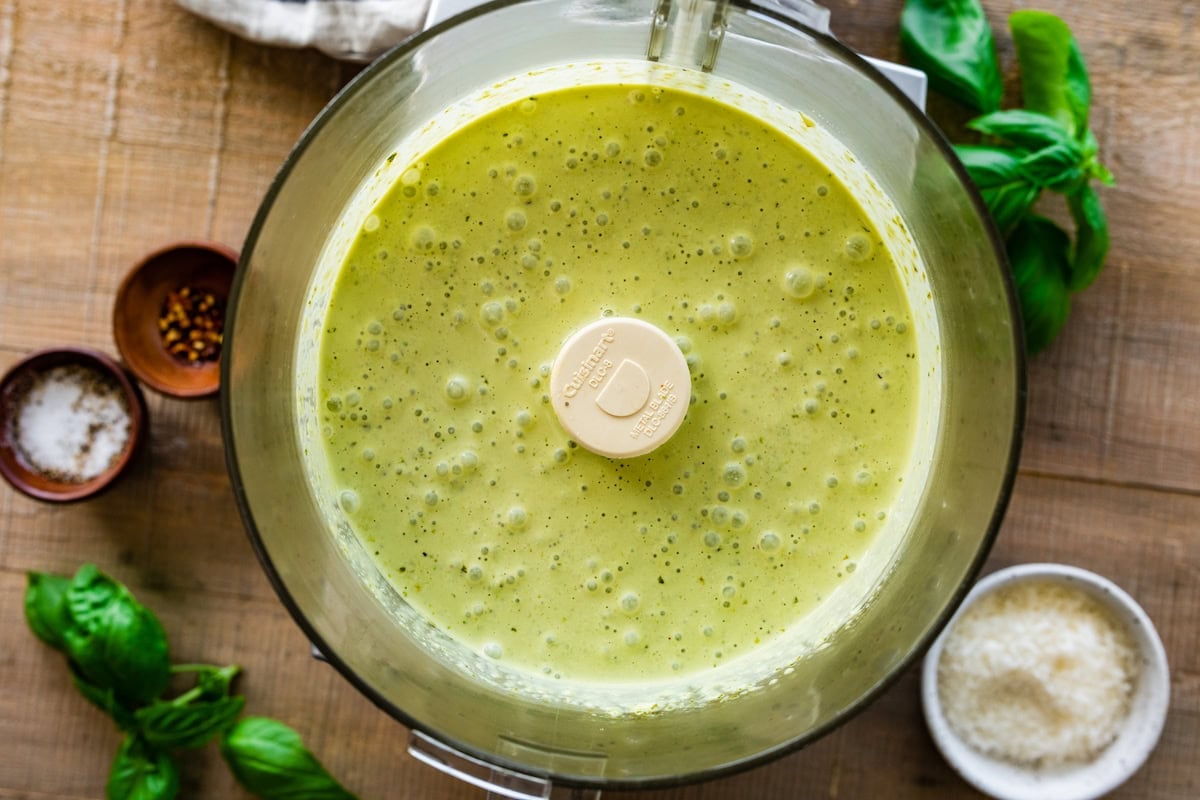 cottage cheese creamy pesto sauce in food processor.