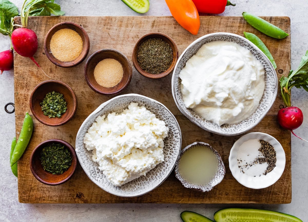 ingredients in bowls to make homemade ranch dip.
