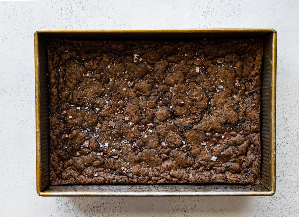 zucchini brownies in pan.