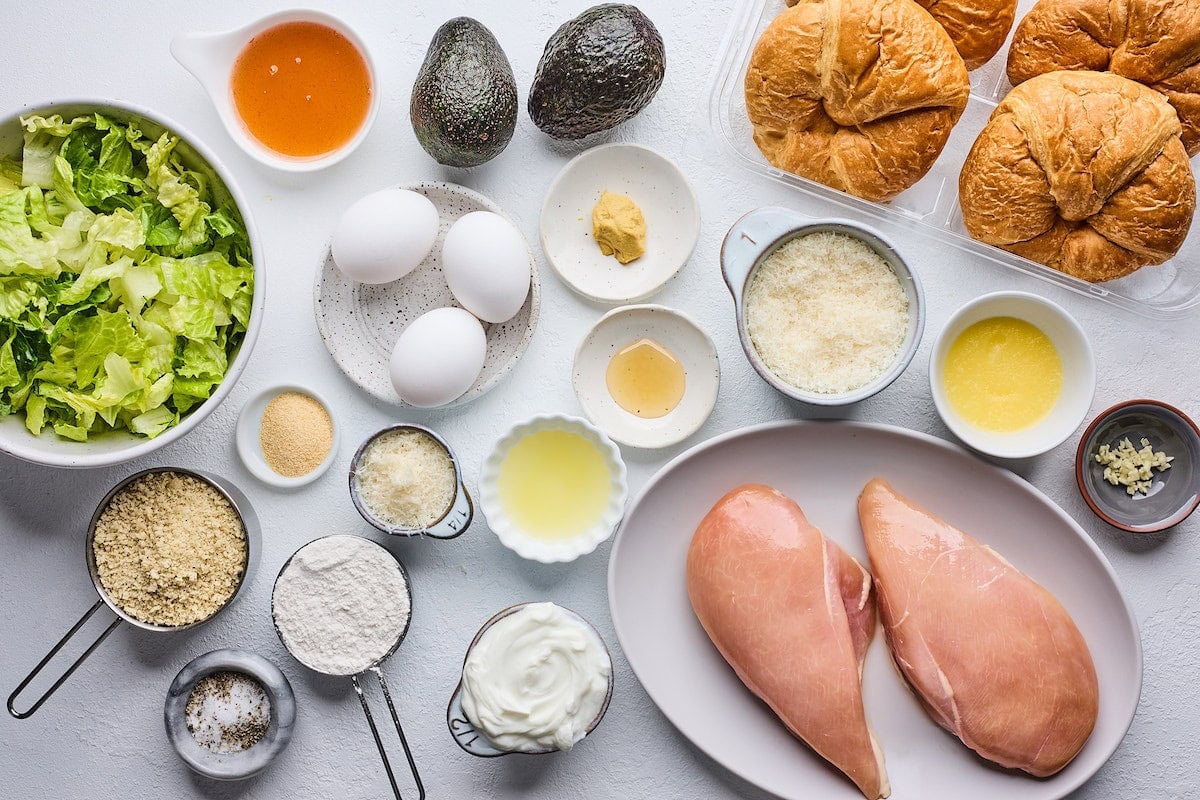 ingredients to make crispy chicken croissant sandwich.