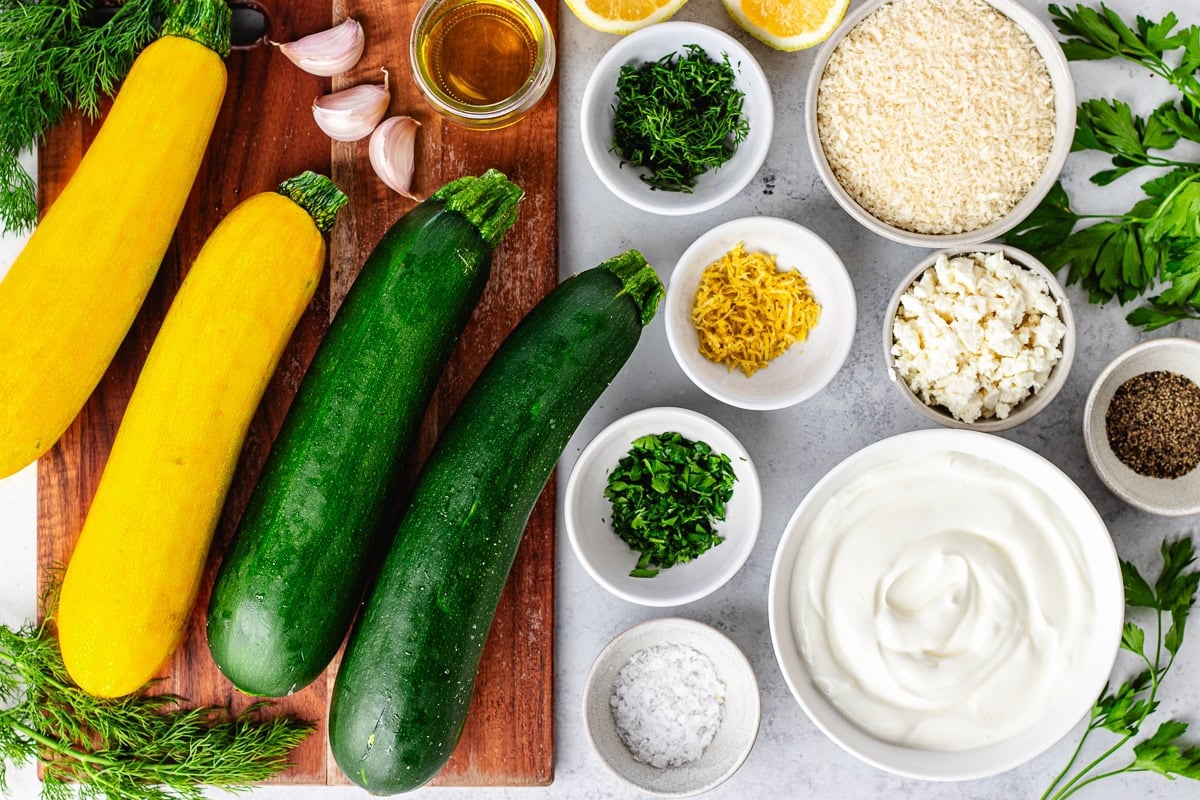 ingredients to make grilled zucchini salad with Greek yogurt feta spread.
