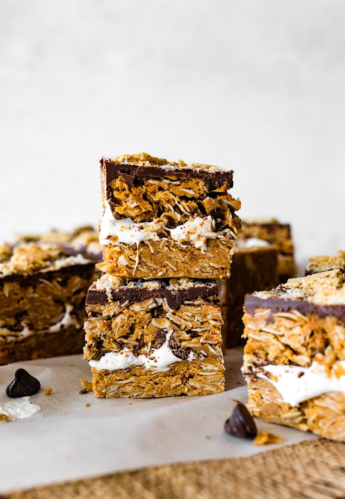 stack of no bake peanut butter s'mores bars with gooey marshmallow creme.