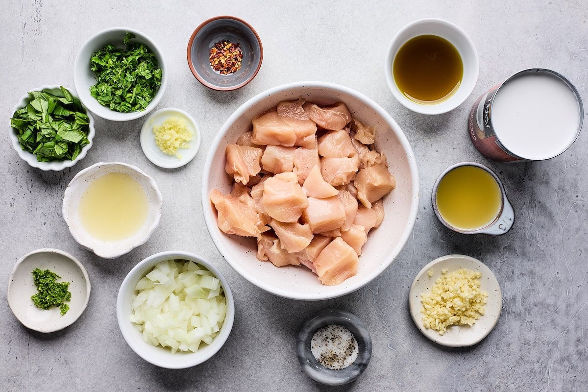 coconut lime chicken ingredients in bowls.