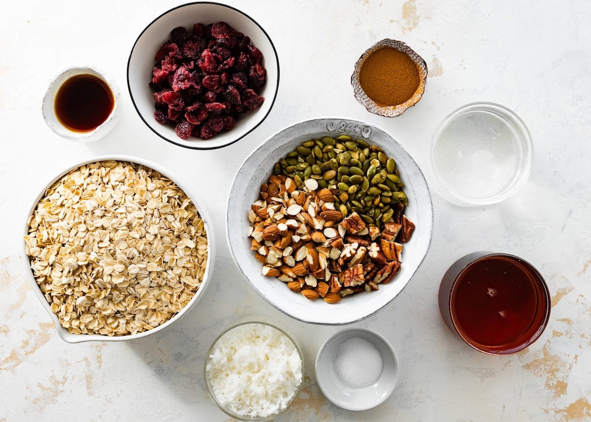 ingredients in bowls to make granola.