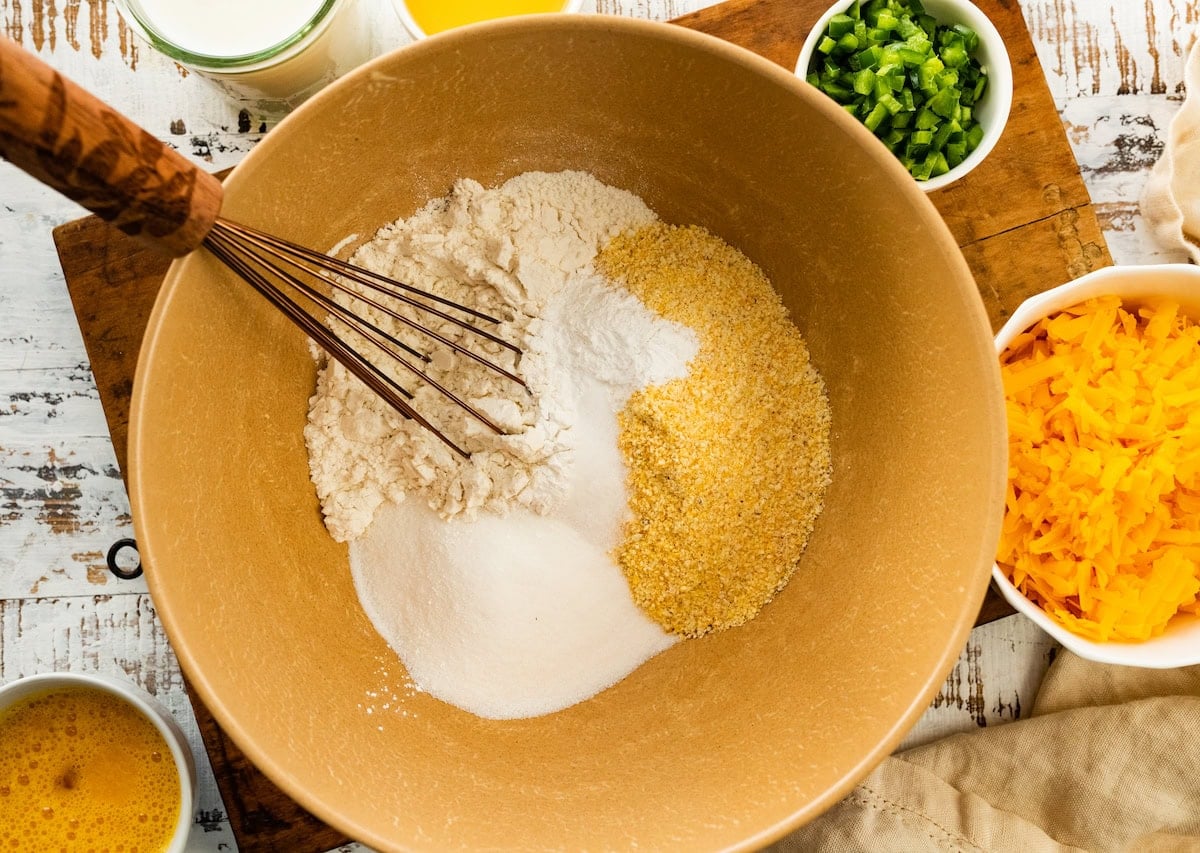 dry ingredients in mixing bowl with whisk.