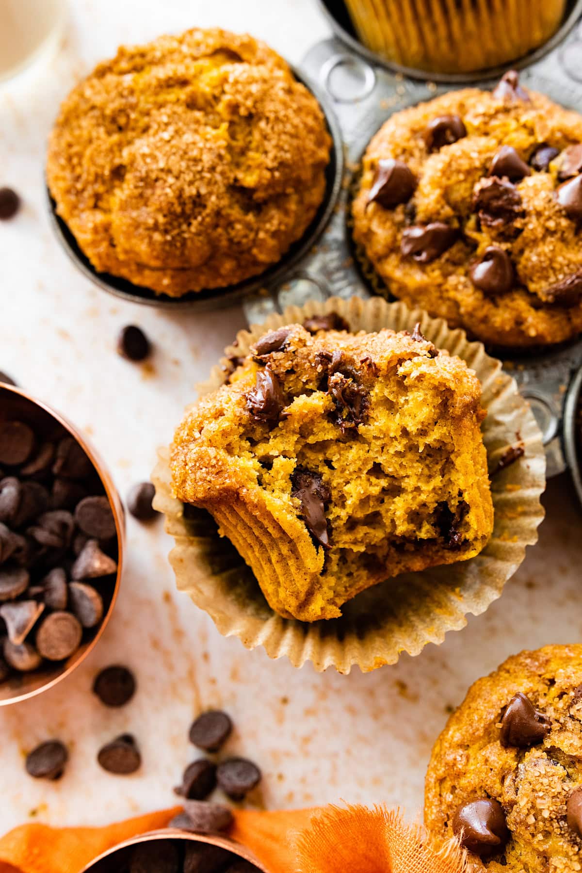pumpkin banana muffins with chocolate chips.
