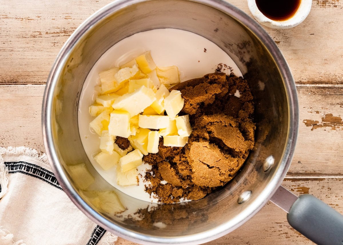 butter, brown sugar, and heavy cream in saucepan to make toffee sauce.