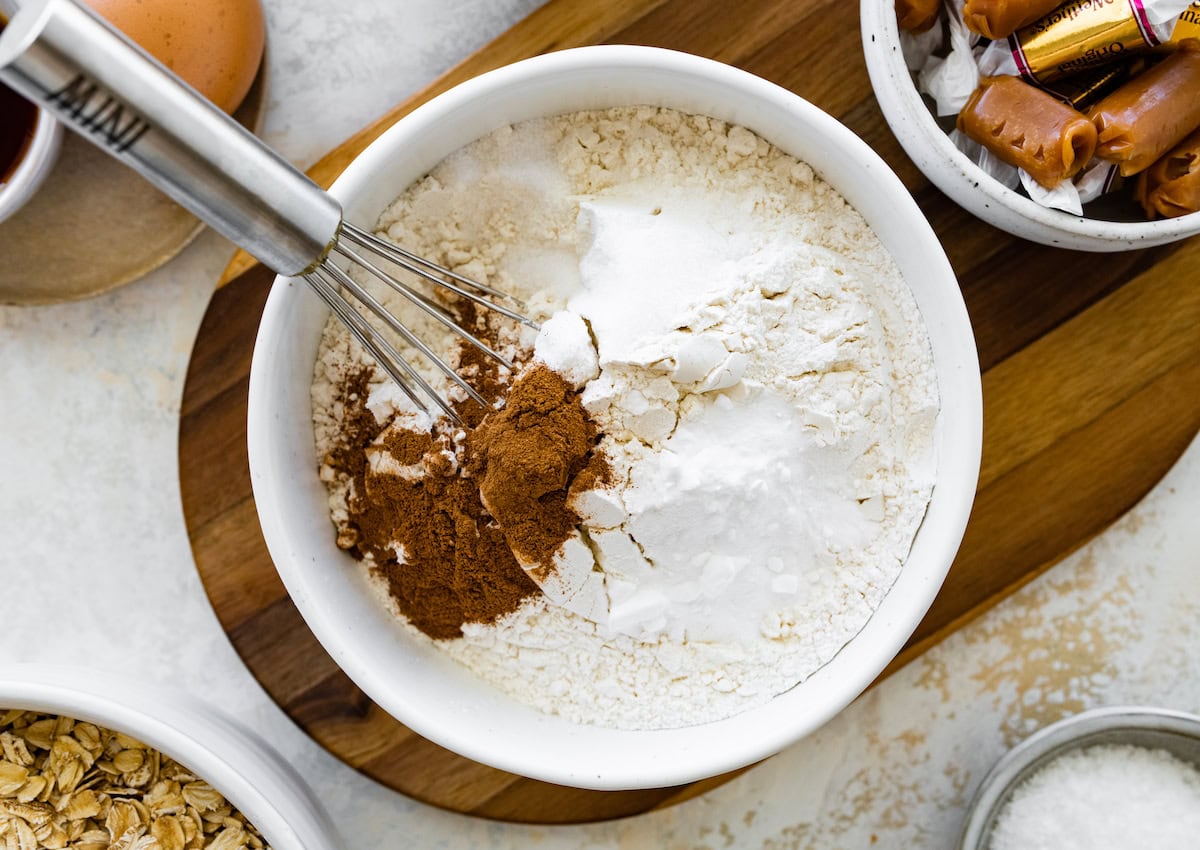 dry ingredients in mixing bowl with whisk.