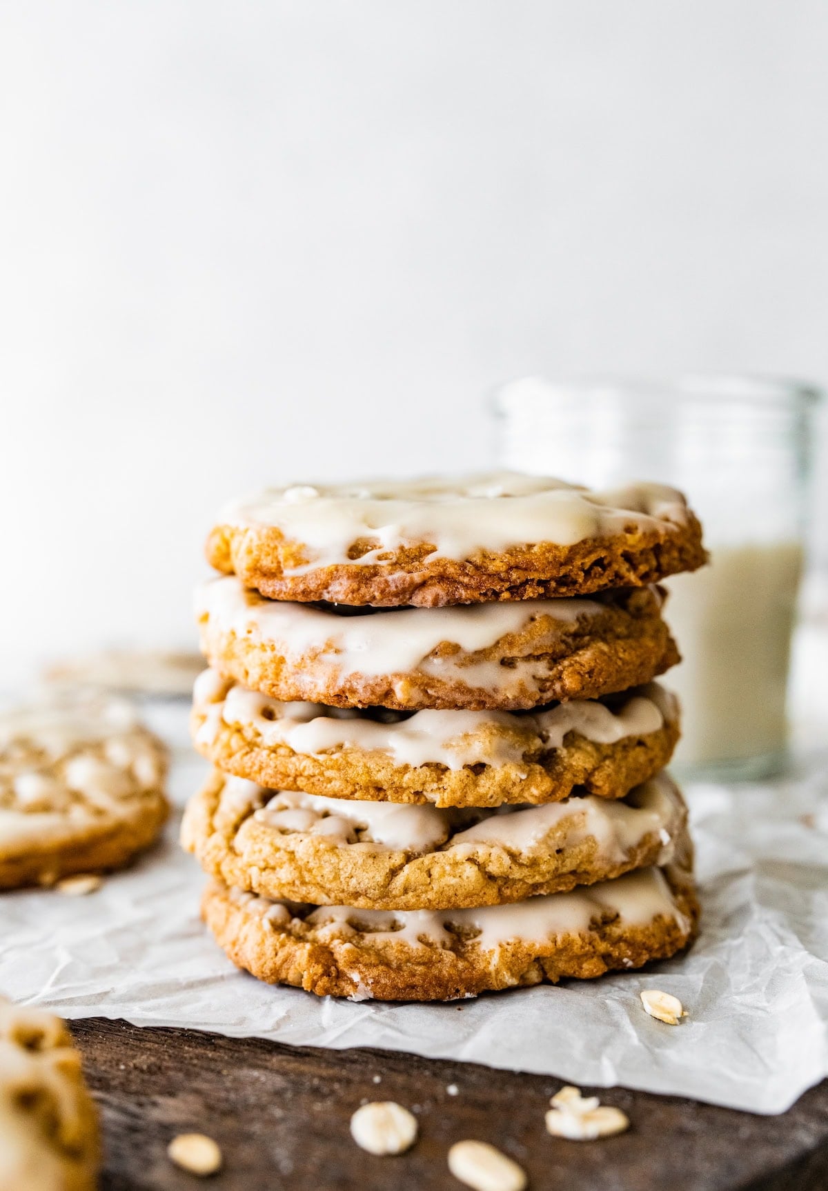 stack of iced oatmeal cookies.