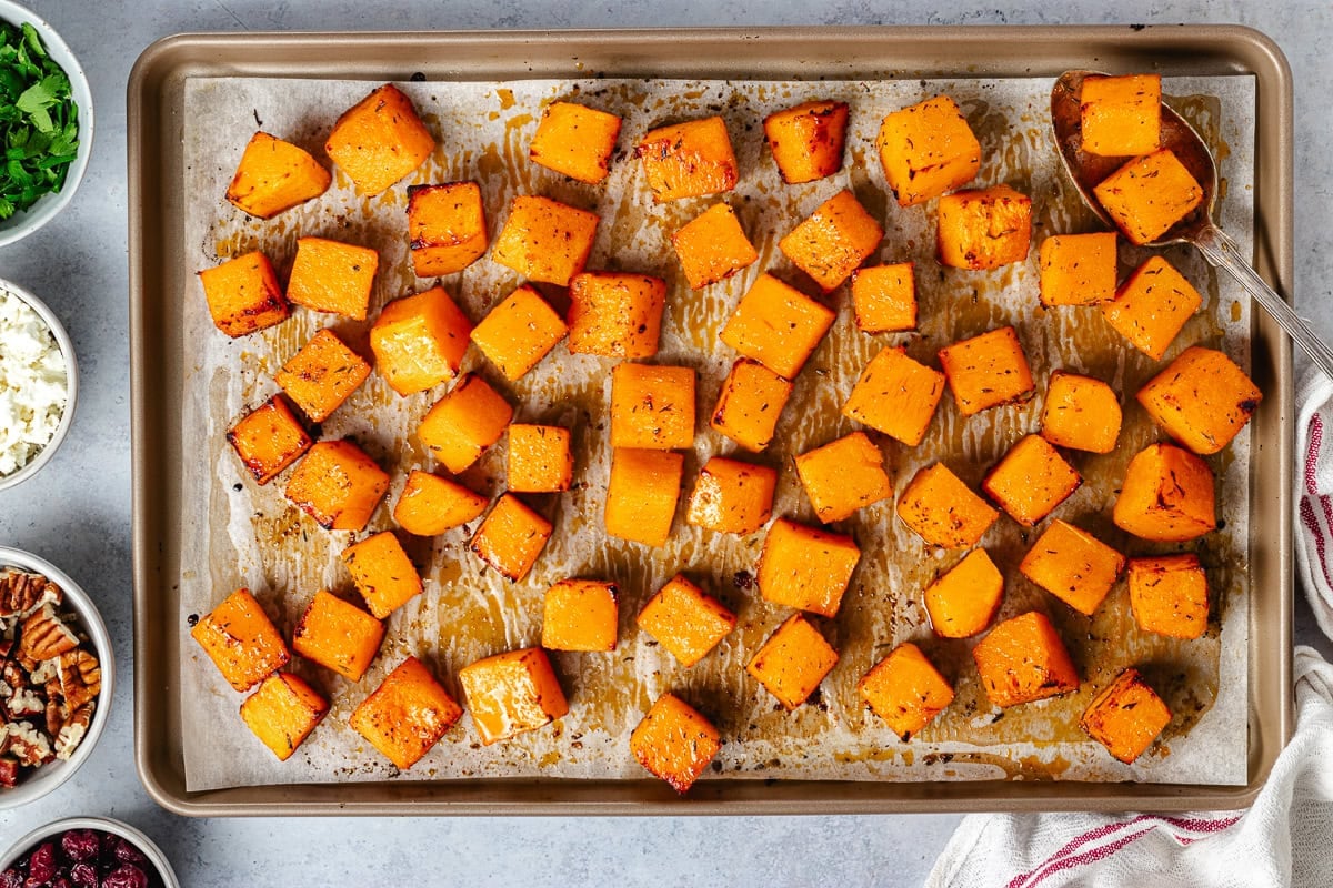 roasted butternut squash on baking sheet.