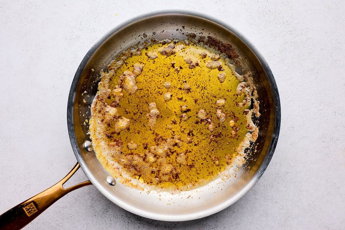 browned butter in skillet.