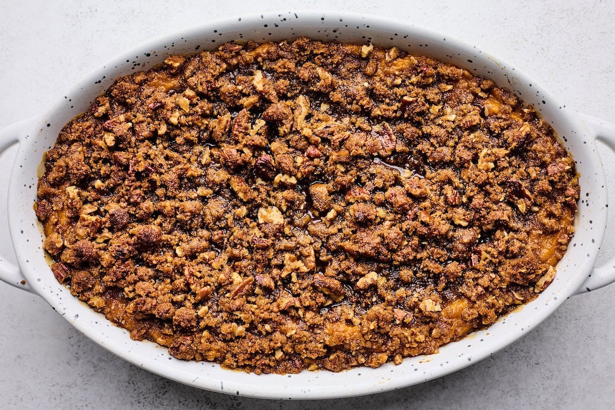 baked sweet potato casserole in baking dish.
