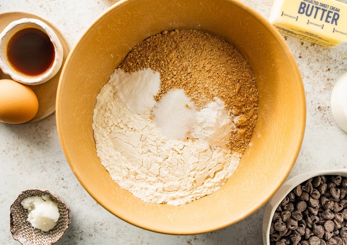 crushed pretzels and dry ingredients in mixing bowl to make cookies.