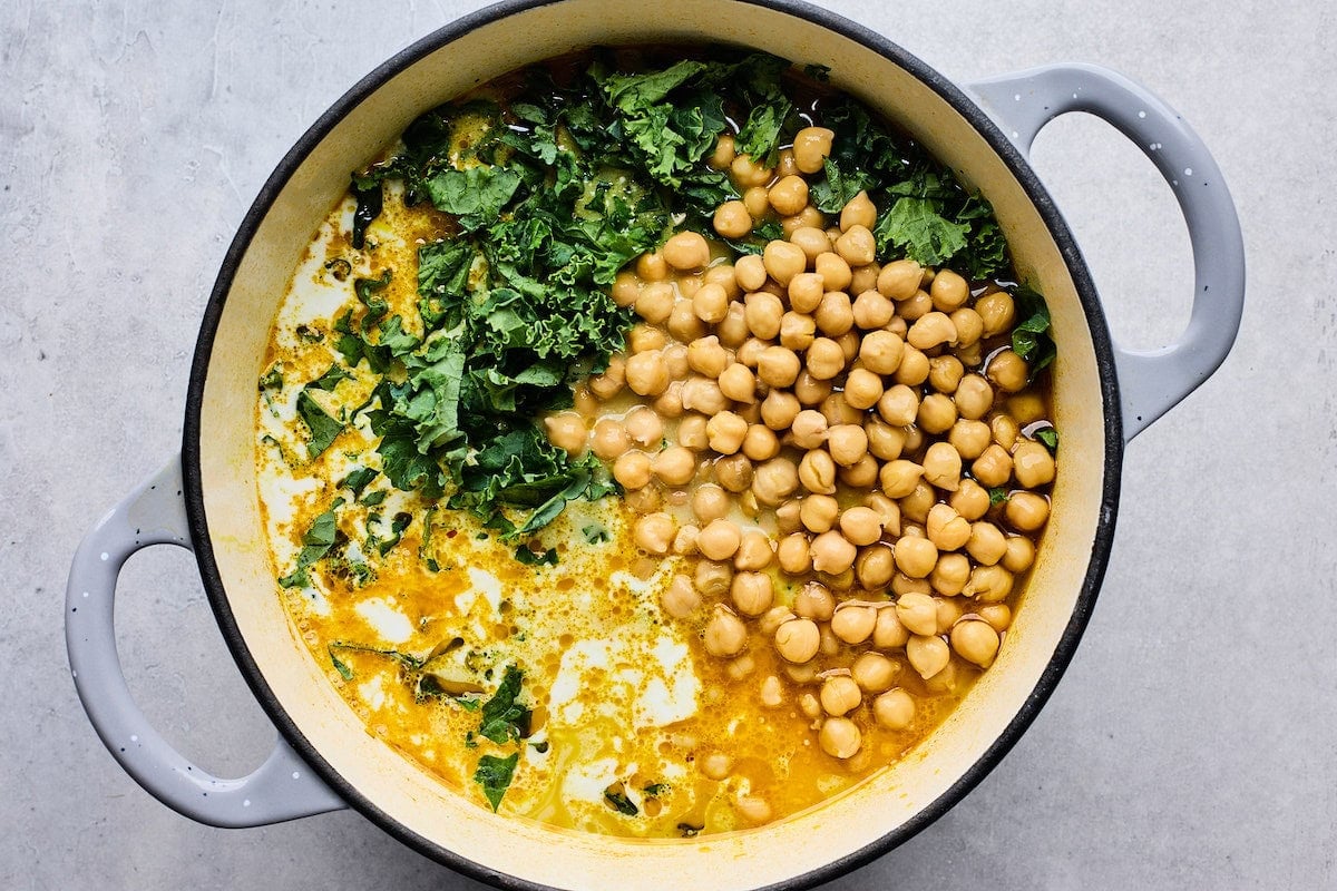 Creamy Coconut Ginger Sweet Potato Soup with chickpeas and kale.
