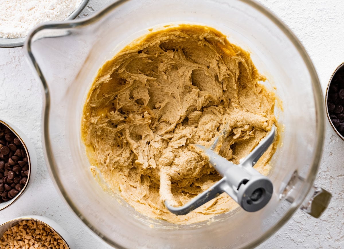 creamed butter and sugars in mixing bowl with beater blade.
