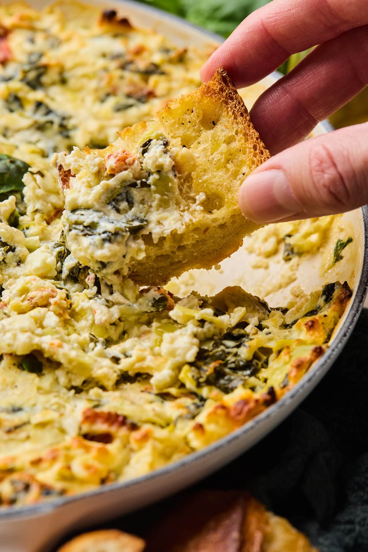 piece of bread being dipped into spinach artichoke sun-dried tomato dip.