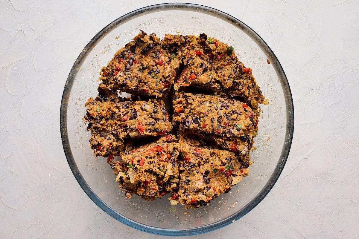 black bean burger mixture in mixing bowl.