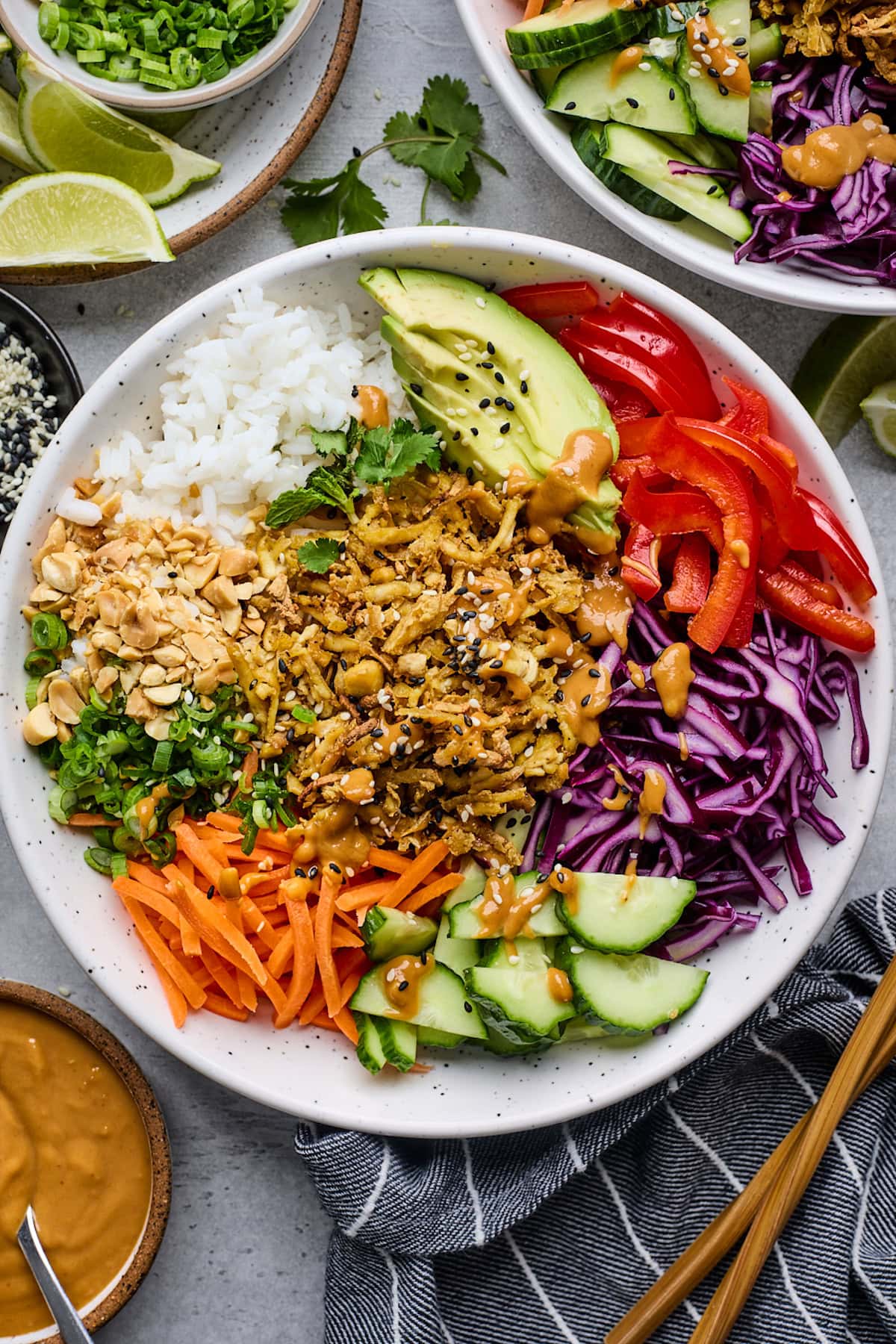 crispy shredded tofu, carrots, cabbage, cucumber, red pepper, avocado, rice, peanuts, green onions with a drizzle of peanut sauce.