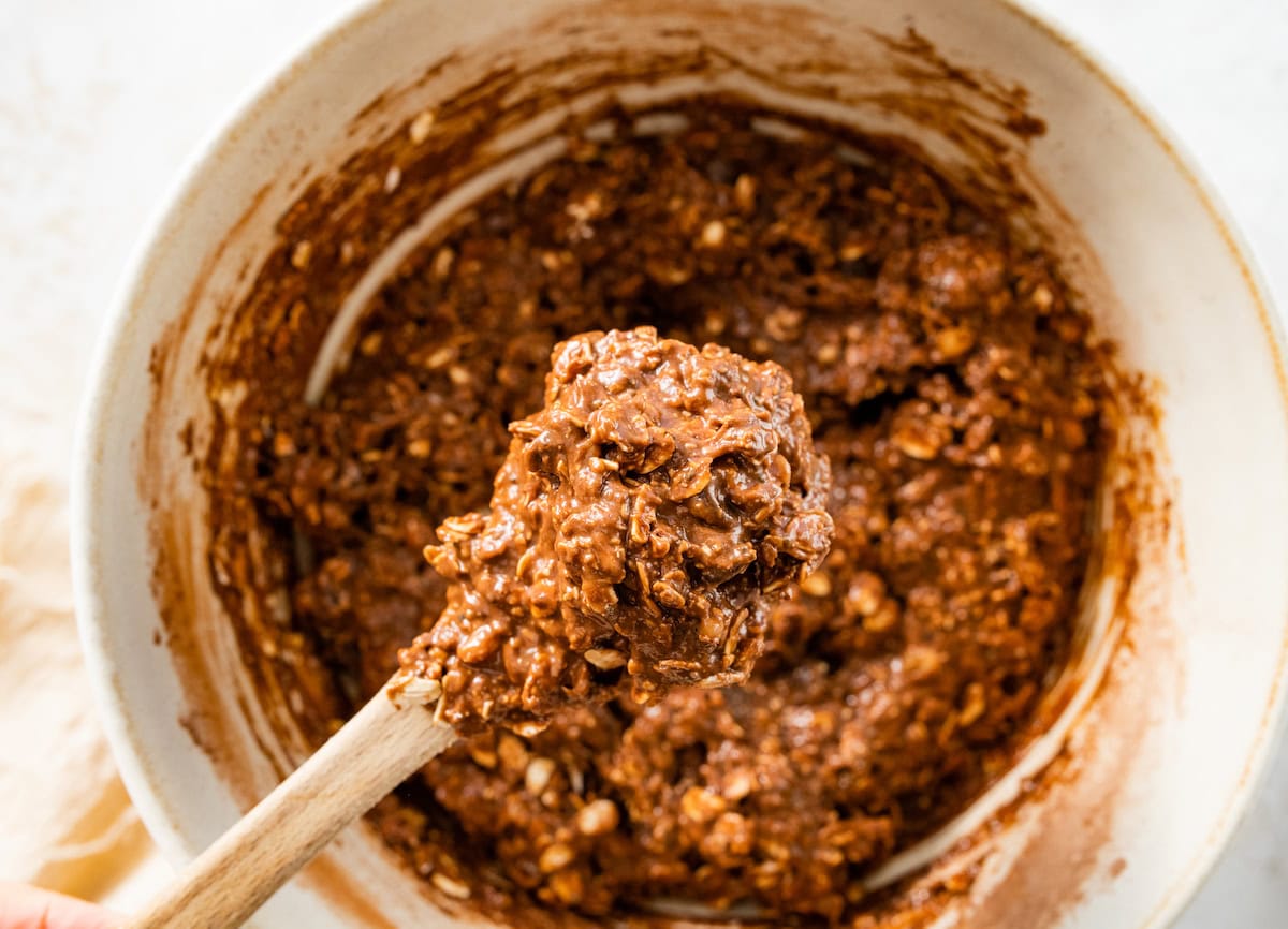 healthy chocolate cookie dough on spoon.