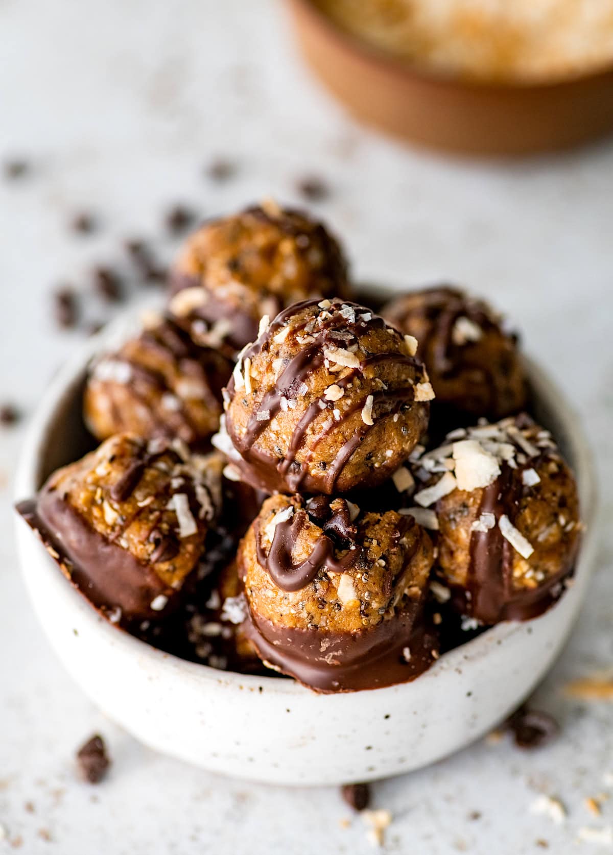 samoa cookie protein balls in bowl.