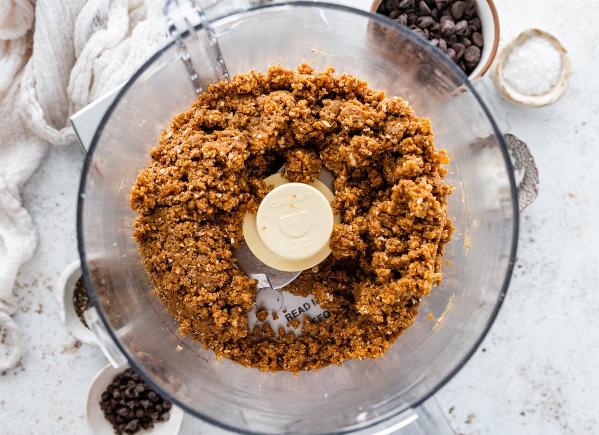 samoa cookie protein ball mixture in food processor.