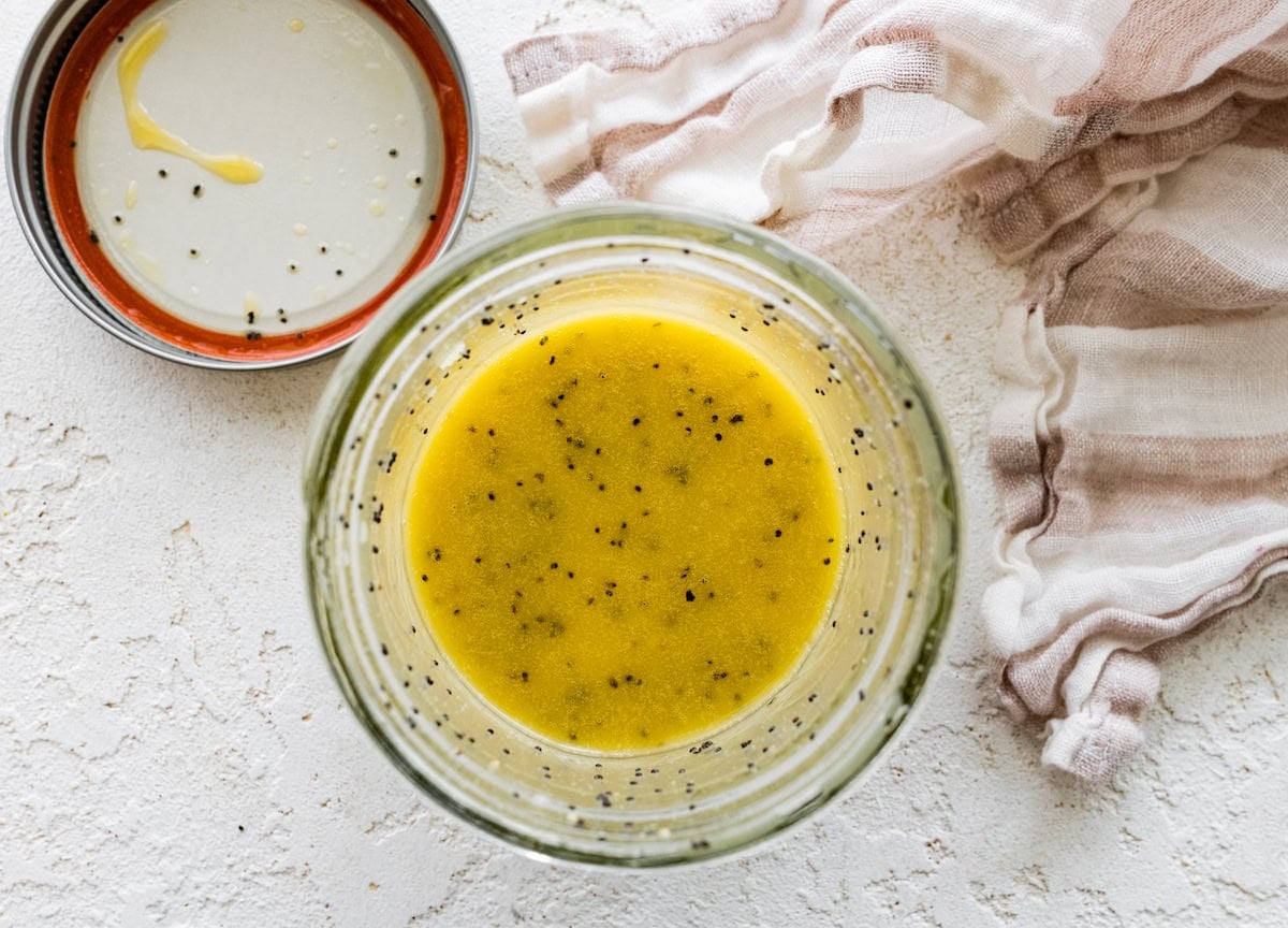 citrus poppy seed dressing in jar.