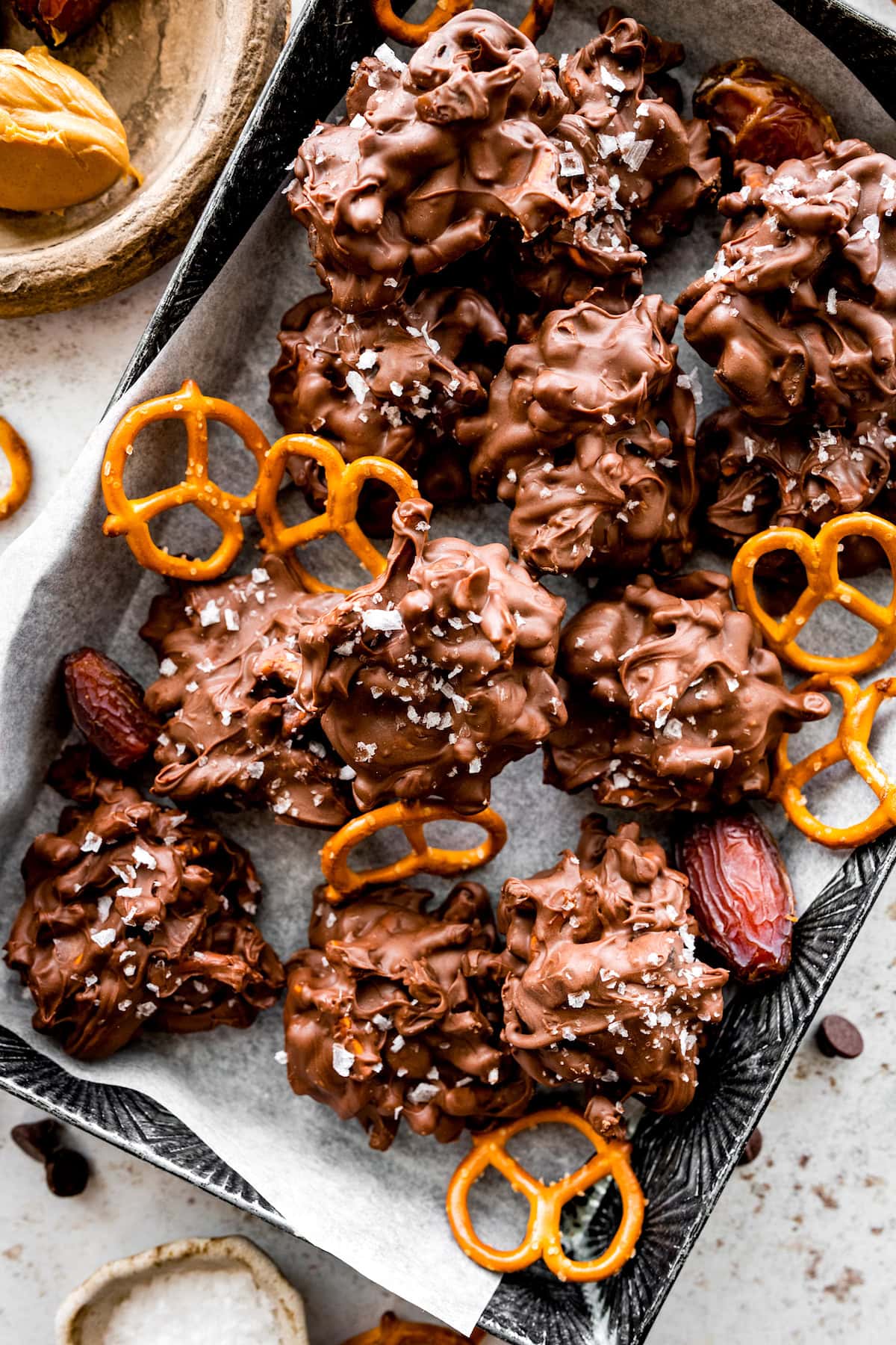 peanut butter pretzel date clusters with flaky sea salt. 