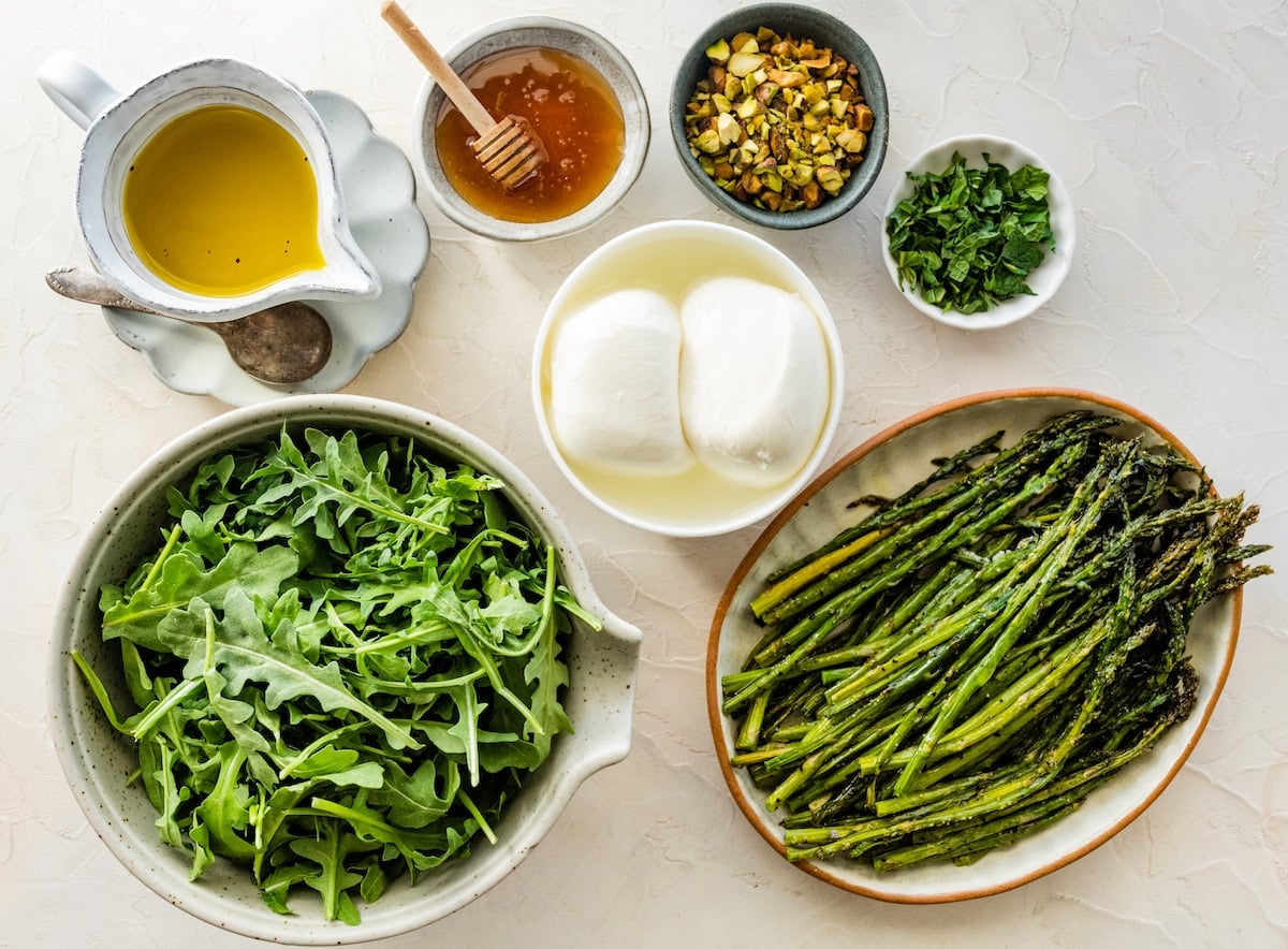 ingredients to make roasted asparagus with burrata.