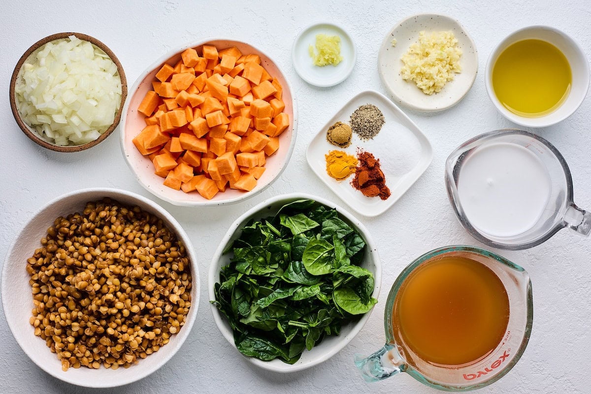 ingredients to make skillet creamy sweet potatoes and lentils.