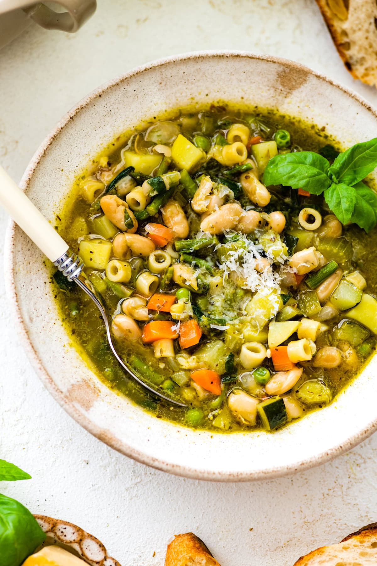 spring minestrone soup in bowl with spoon.