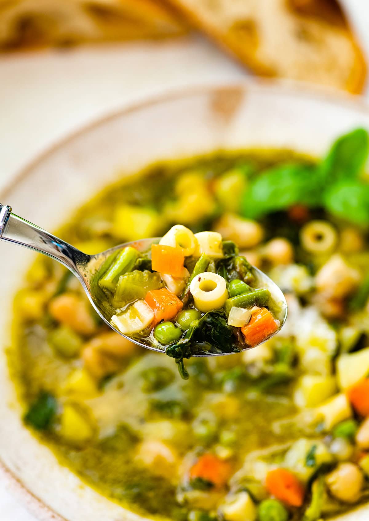 spring minestrone soup on spoon.
