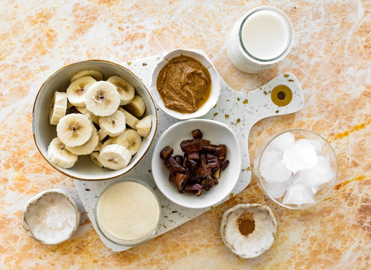 ingredients to make a healthy date shake.