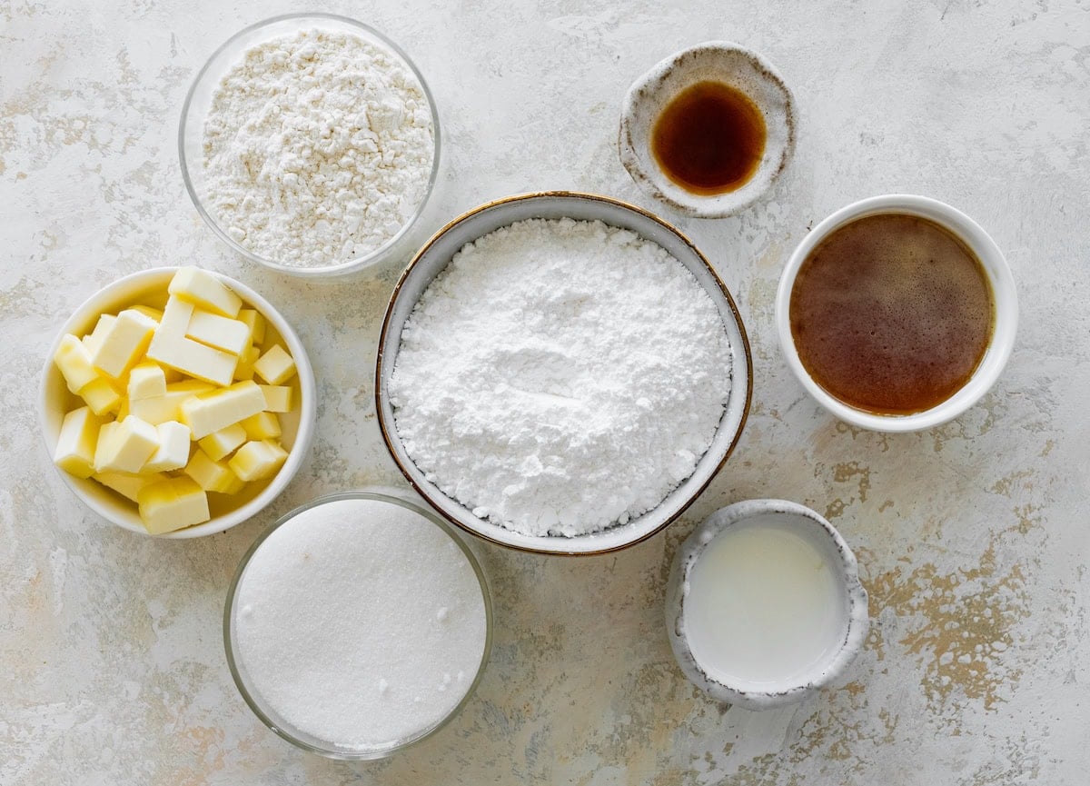 ingredients to make the streusel topping and honey glaze for peach ricotta cake.