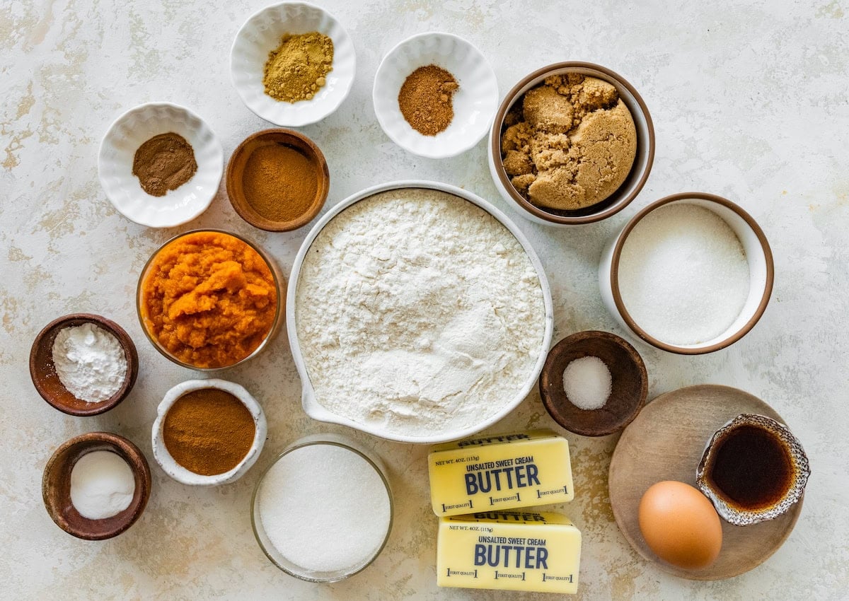ingredients in bowls to make pumpkin snickerdoodles.