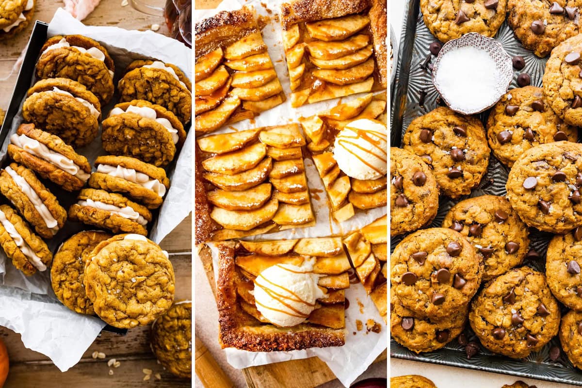 Collage of three fall desserts: pumpkin oatmeal cream pies, apple tart, and pumpkin oatmeal chocolate chip cookies.