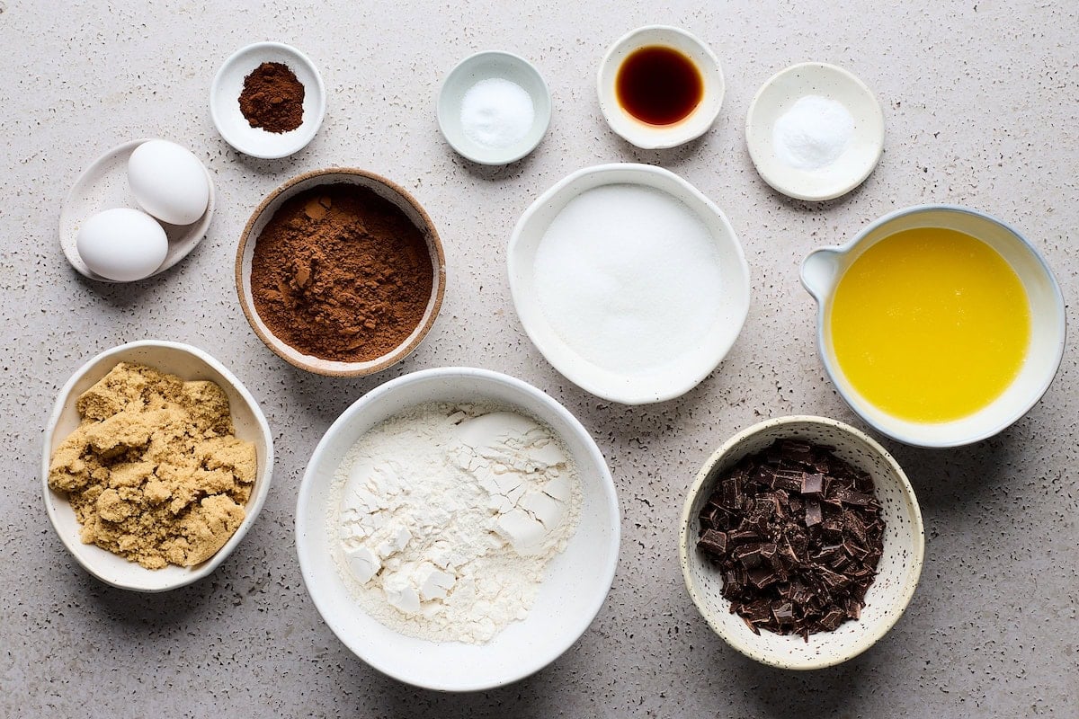 ingredients in bowls to make double chocolate skillet cookie.