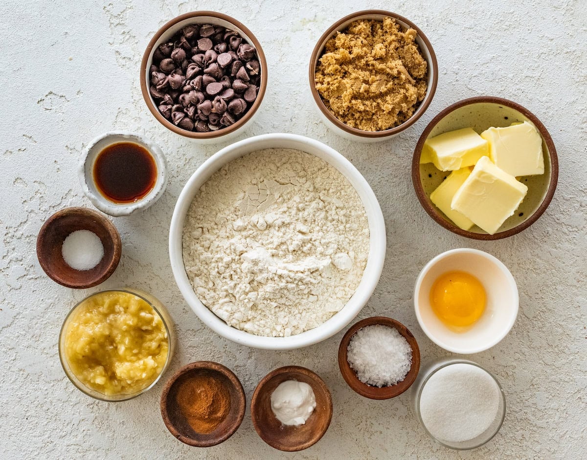 ingredients in bowls to make banana bread chocolate chip cookies.