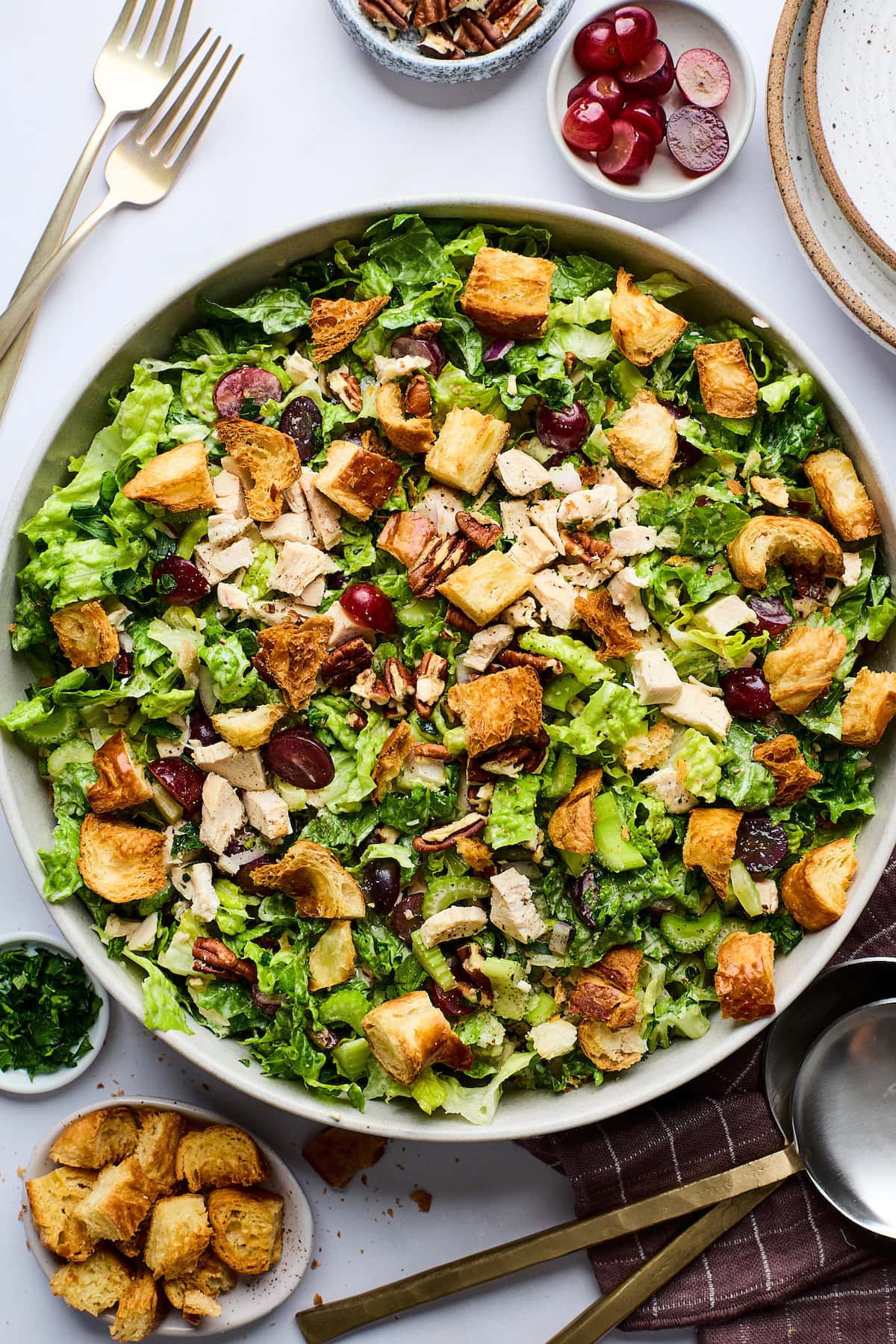 Chicken Salad with Grapes, Pecans & Croissant Croutons in a serving bowl.