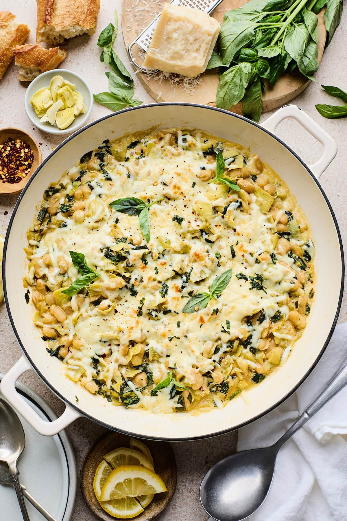 spinach artichoke white bean skillet.